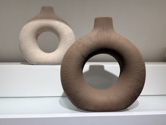 Ceramic Donut Vase Set of 2, Hollow Matte Pampas Flower Vases for Boho Home Wedding Party, Dinner Table and Shelf Decor (Small)