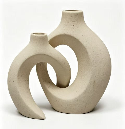 Ceramic Vase Set of 2, Modern Abstract Interlinked Matte Flower Vases for Nordic Boho Home Decor, Living Room Table and Shelf Display (White)