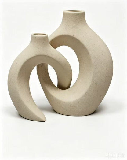Ceramic Vase Set of 2, Modern Abstract Interlinked Matte Flower Vases for Nordic Boho Home Decor, Living Room Table and Shelf Display (White)