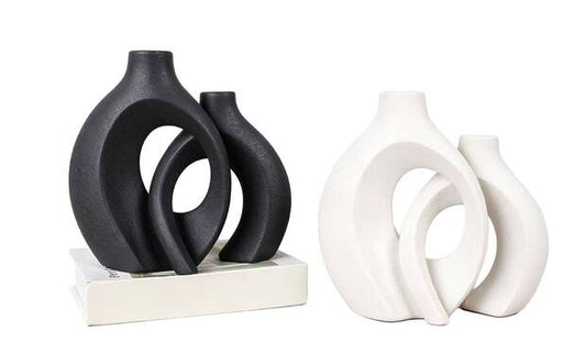 Ceramic Vase Set of 2, Modern Abstract Interlinked Matte Flower Vases for Nordic Boho Home Decor, Living Room Table and Shelf Display (Black)