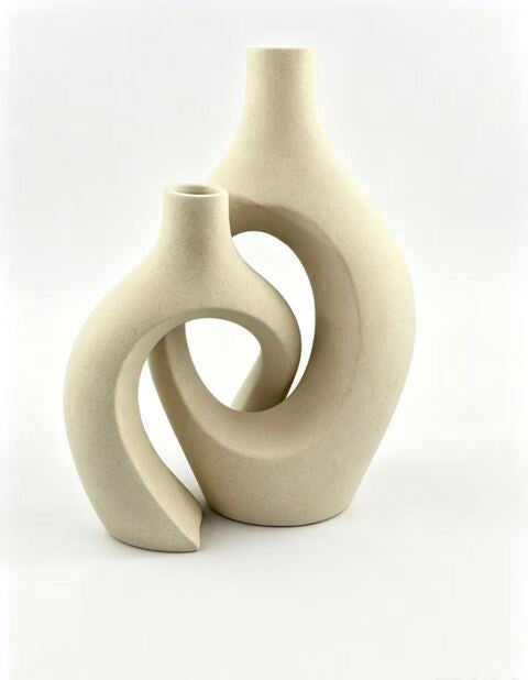 Ceramic Vase Set of 2, Modern Abstract Interlinked Gallery Forms Matte Flower Vases for Nordic Boho Home Decor, Living Room Table and Shelf Display (White)