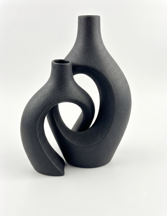 Ceramic Vase Set of 2, Modern Abstract Interlinked Gallery Forms Matte Flower Vases for Nordic Boho Home Decor, Living Room Table and Shelf Display (Black)