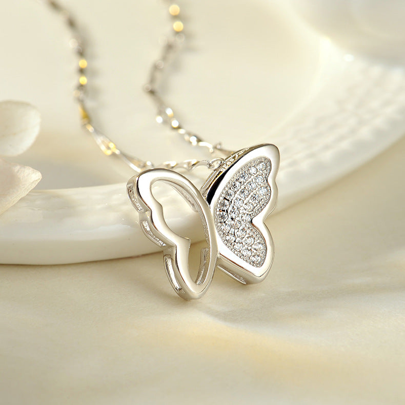 Jewelry S925 Silver Necklace Women's Micro-inlaid Butterfly Short Pendant Clavicle Chain