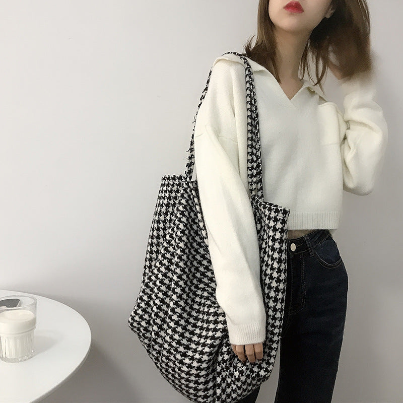 Winter Woolen Cloth Tote Bags Hobo Work Check Pattern Shopper Handbag