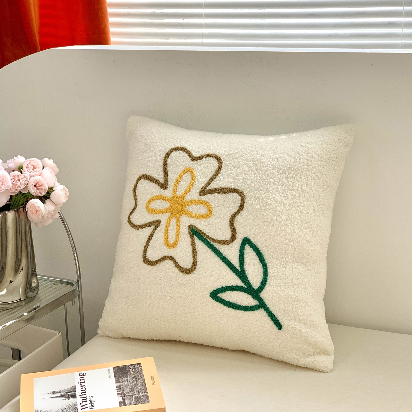 Nordic Cream Style Brown Simple Flower Embroidered Sofa Bedroom Bedside Decorative Pillowcase
