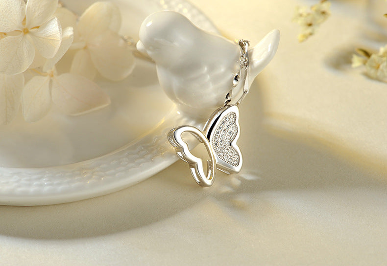 Jewelry S925 Silver Necklace Women's Micro-inlaid Butterfly Short Pendant Clavicle Chain