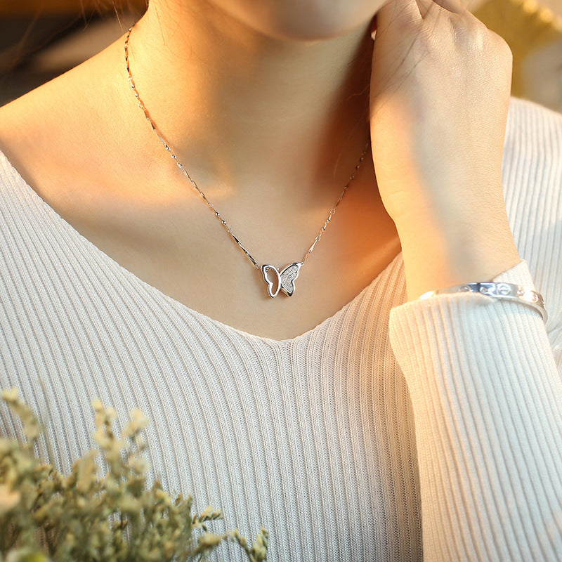 Jewelry S925 Silver Necklace Women's Micro-inlaid Butterfly Short Pendant Clavicle Chain