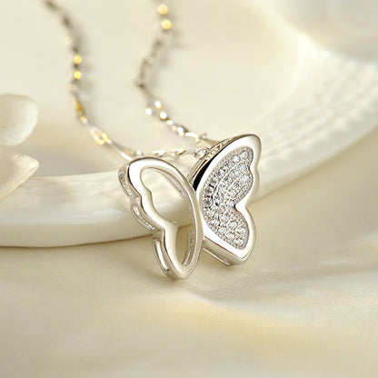 Jewelry S925 Silver Necklace Women's Micro-inlaid Butterfly Short Pendant Clavicle Chain