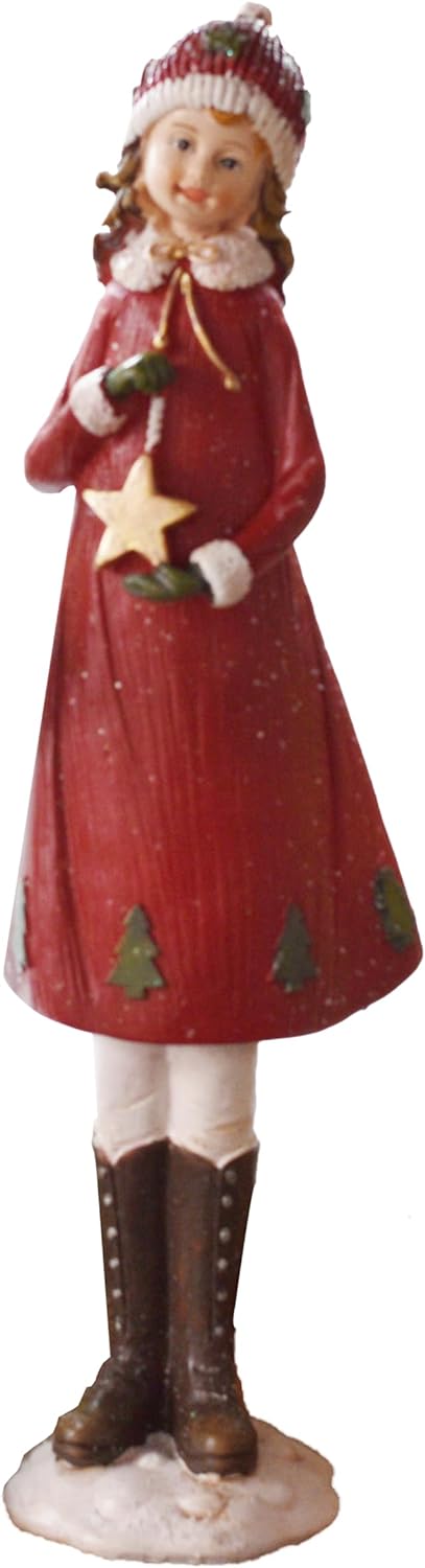 Vintage Style Doll in Red Dress Hat with Display Stand | Christmas Figurine