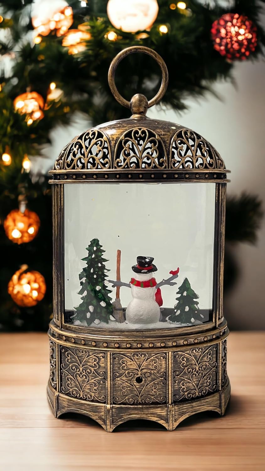 Christmas Tree with Snowman Musical Lantern | Battery Operated and USB Powered LED Lighted Swirling Glitter Water Lantern for Tabletop & Home | Christmas Decoration for Home