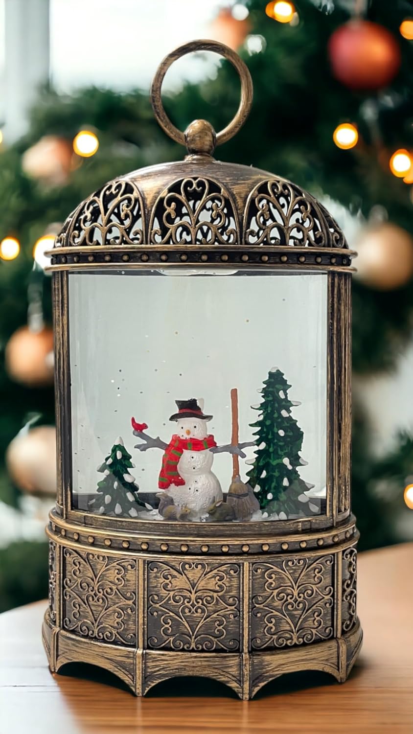 Christmas Tree with Snowman Musical Lantern | Battery Operated and USB Powered LED Lighted Swirling Glitter Water Lantern for Tabletop & Home | Christmas Decoration for Home