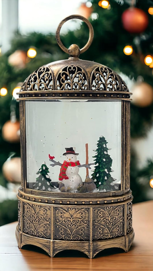 Christmas Tree with Snowman Musical Lantern | Battery Operated and USB Powered LED Lighted Swirling Glitter Water Lantern for Tabletop & Home | Christmas Decoration for Home
