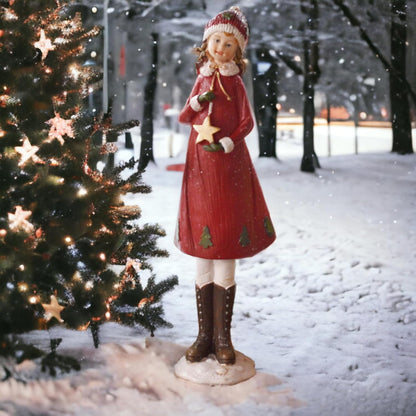 Vintage Style Doll in Red Dress Hat with Display Stand | Christmas Figurine