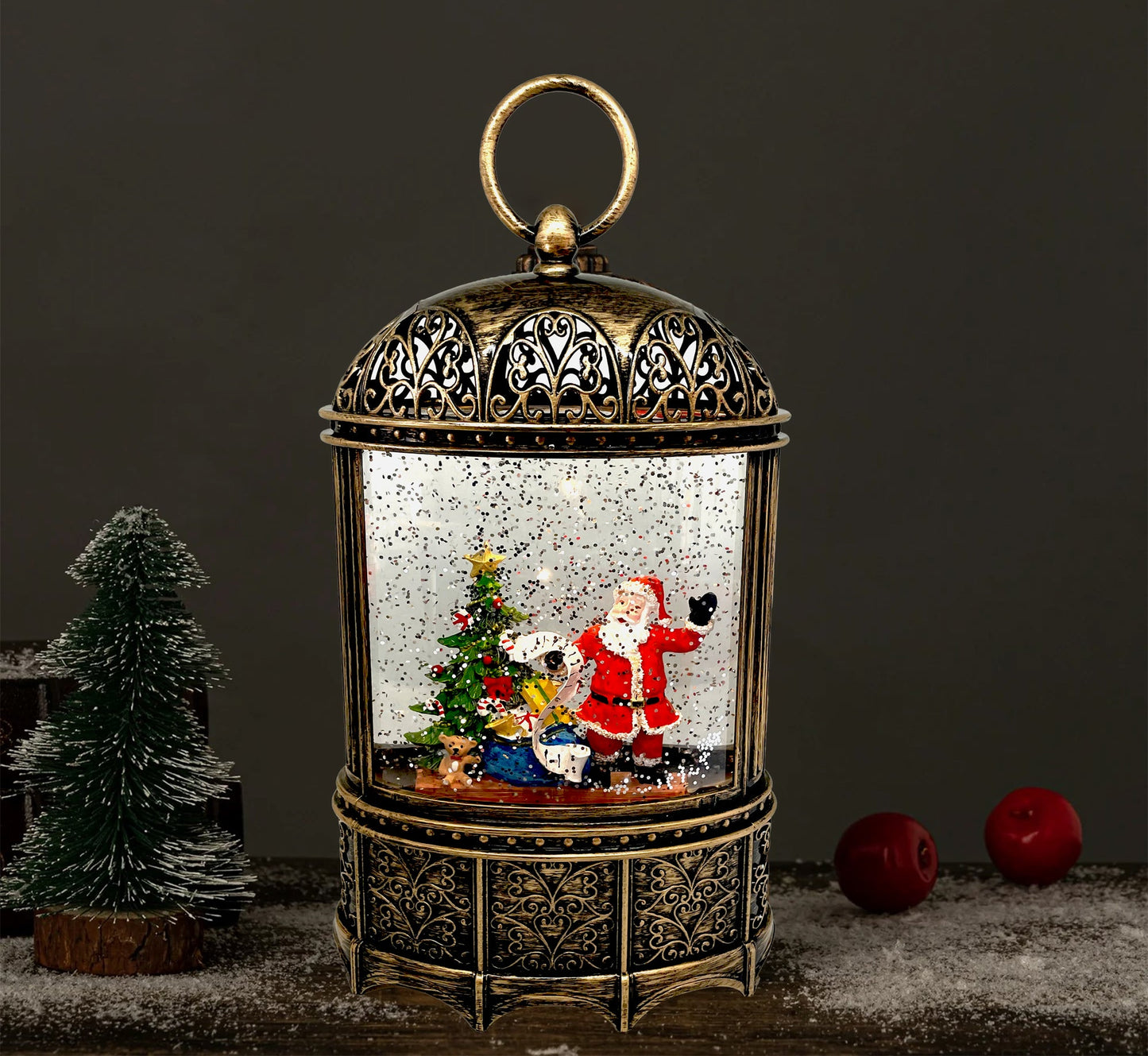 Christmas Tree with Santa Musical Lantern | Battery Operated and USB Powered LED Lighted Swirling Glitter Water Lantern for Tabletop & Home | Christmas Decoration for Home