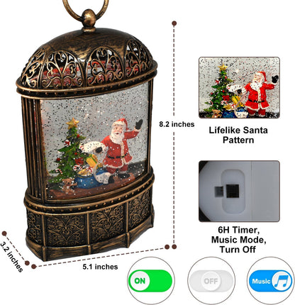 Christmas Tree with Santa Musical Lantern | Battery Operated and USB Powered LED Lighted Swirling Glitter Water Lantern for Tabletop & Home | Christmas Decoration for Home