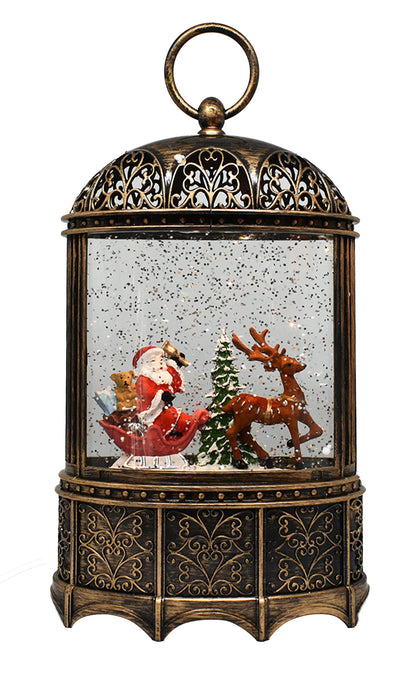 Santa & Elk Musical Lantern | Battery Operated and USB Powered LED Lighted Swirling Glitter Water Lantern for Tabletop & Home | Christmas Decoration for Home