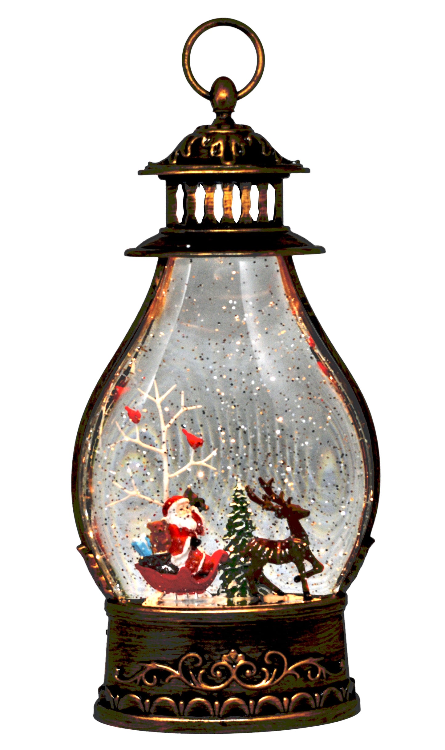 Snow Globe Santa & Elk Musical Lantern for Christmas, Lighted Swirling Glitter Water Lantern