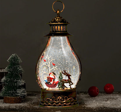 Snow Globe Santa & Elk Musical Lantern for Christmas, Lighted Swirling Glitter Water Lantern