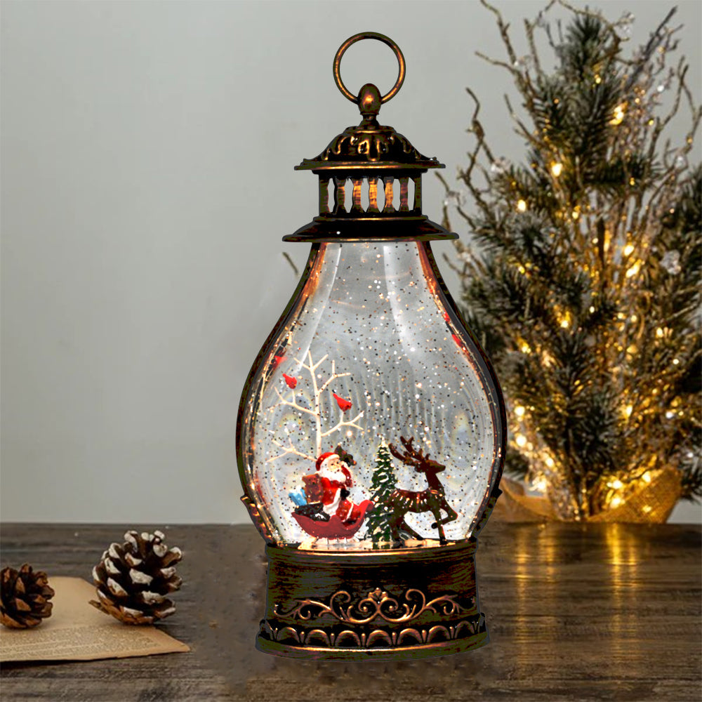 Snow Globe Santa & Elk Musical Lantern for Christmas, Lighted Swirling Glitter Water Lantern
