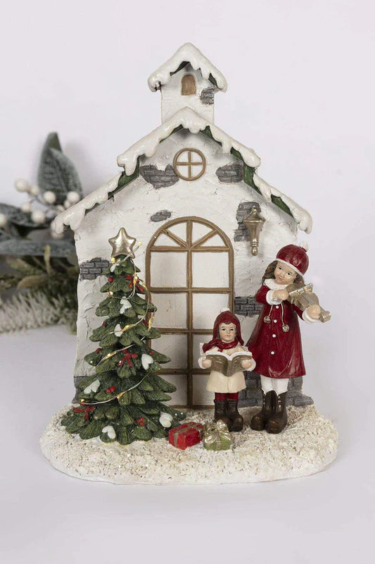Christmas House Snow Scene Decoration Ornament - Tabletop Christmas Decoration Mini Resin House with LED Light, Figurine for Home Decor