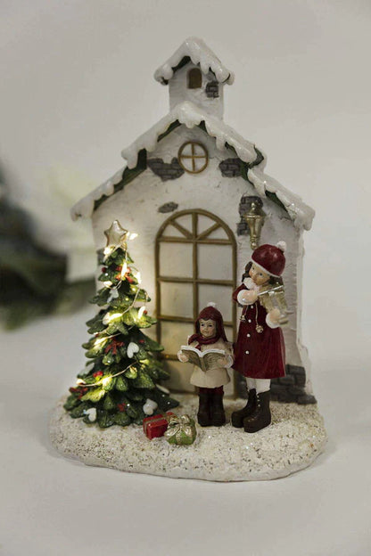 Christmas House Snow Scene Decoration Ornament - Tabletop Christmas Decoration Mini Resin House with LED Light, Figurine for Home Decor